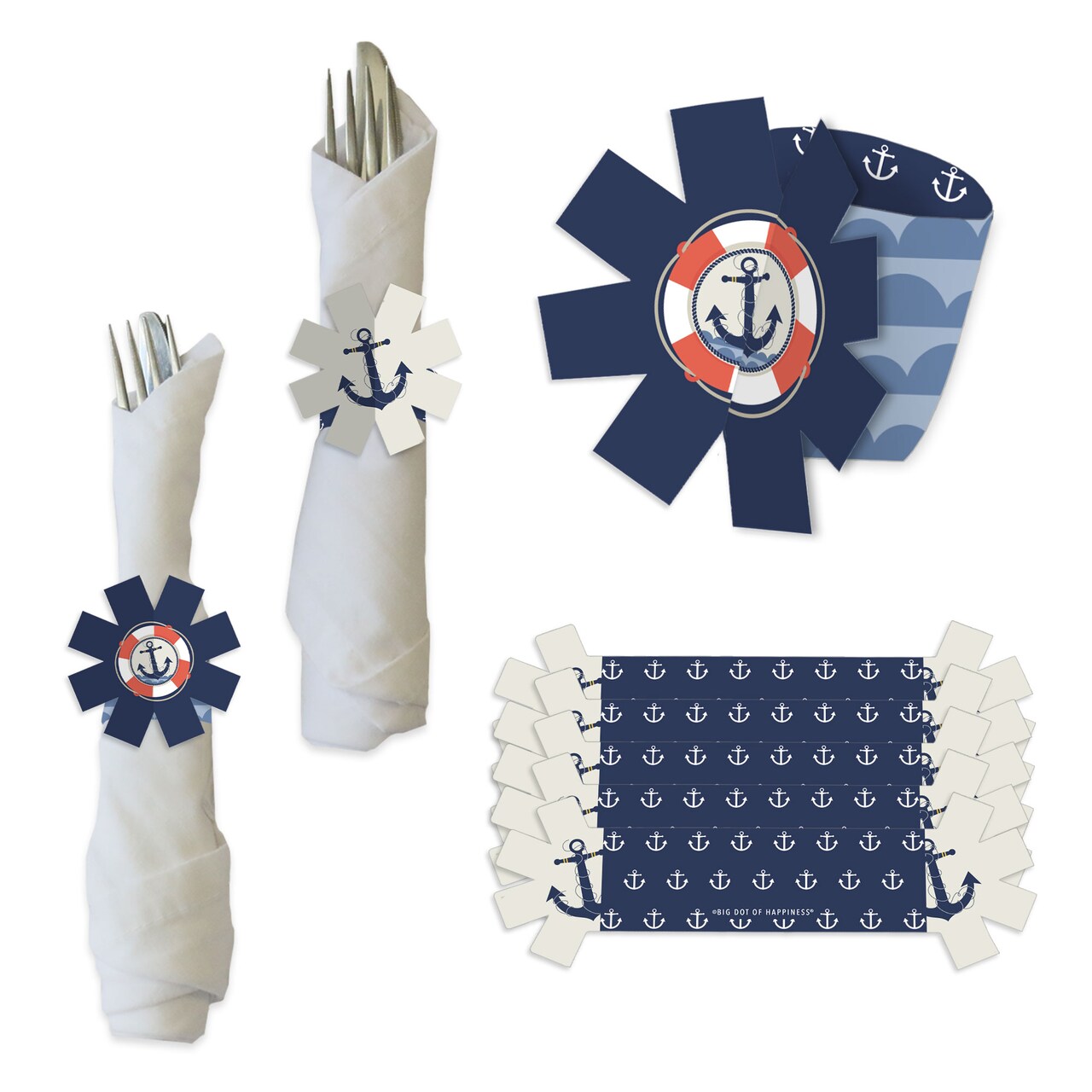 Big Dot of Happiness Ahoy - Nautical - Baby Shower or Birthday Party Paper Napkin Holder - Napkin Rings - Set of 24
